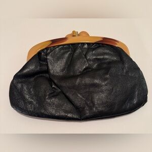 Vintage Black Leather Clutch with Bakelite Handle